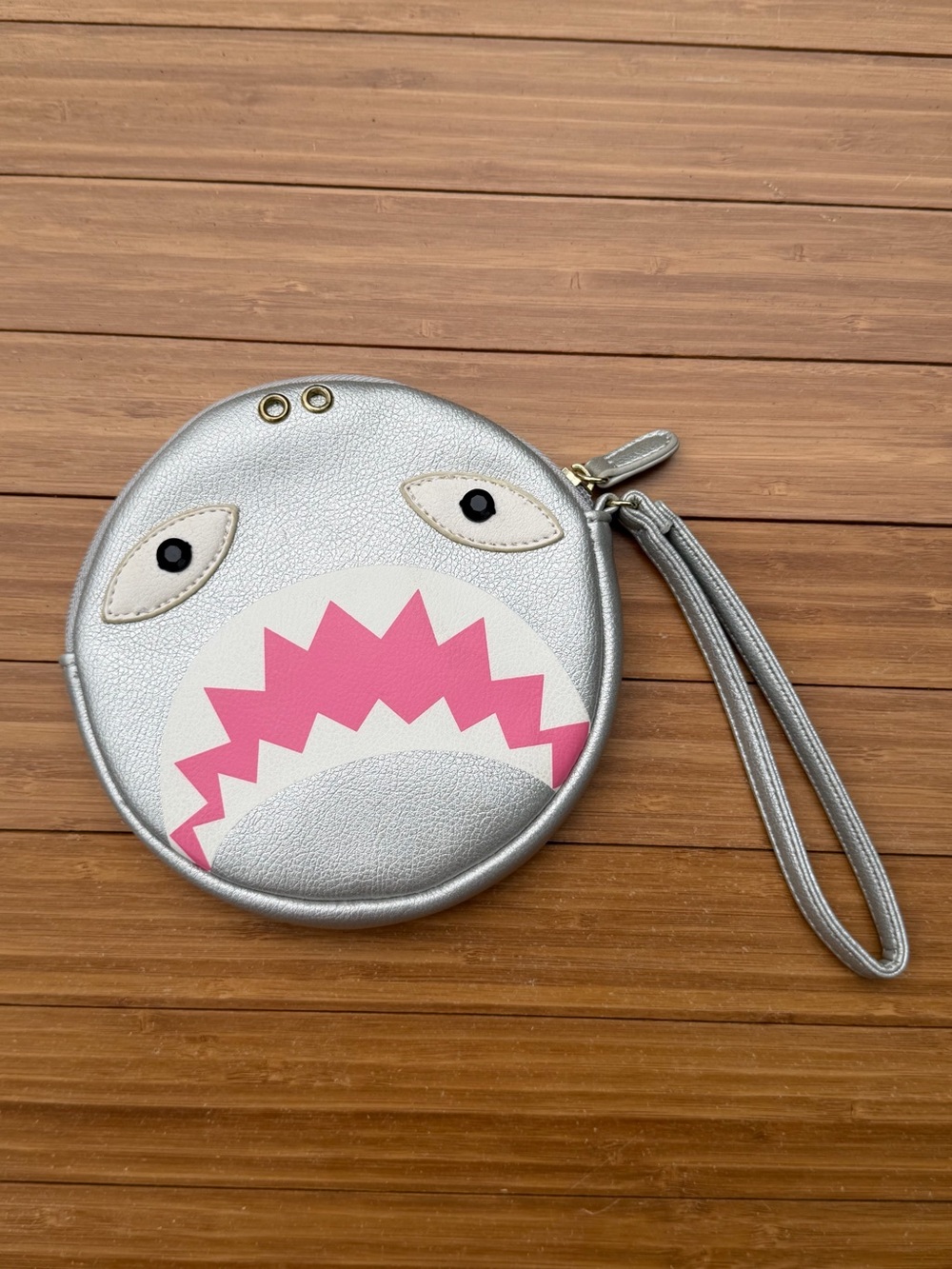 Betsey Johnson Metallic Silver Shark Face Round Wristlet Zip Pouch Coin Purse